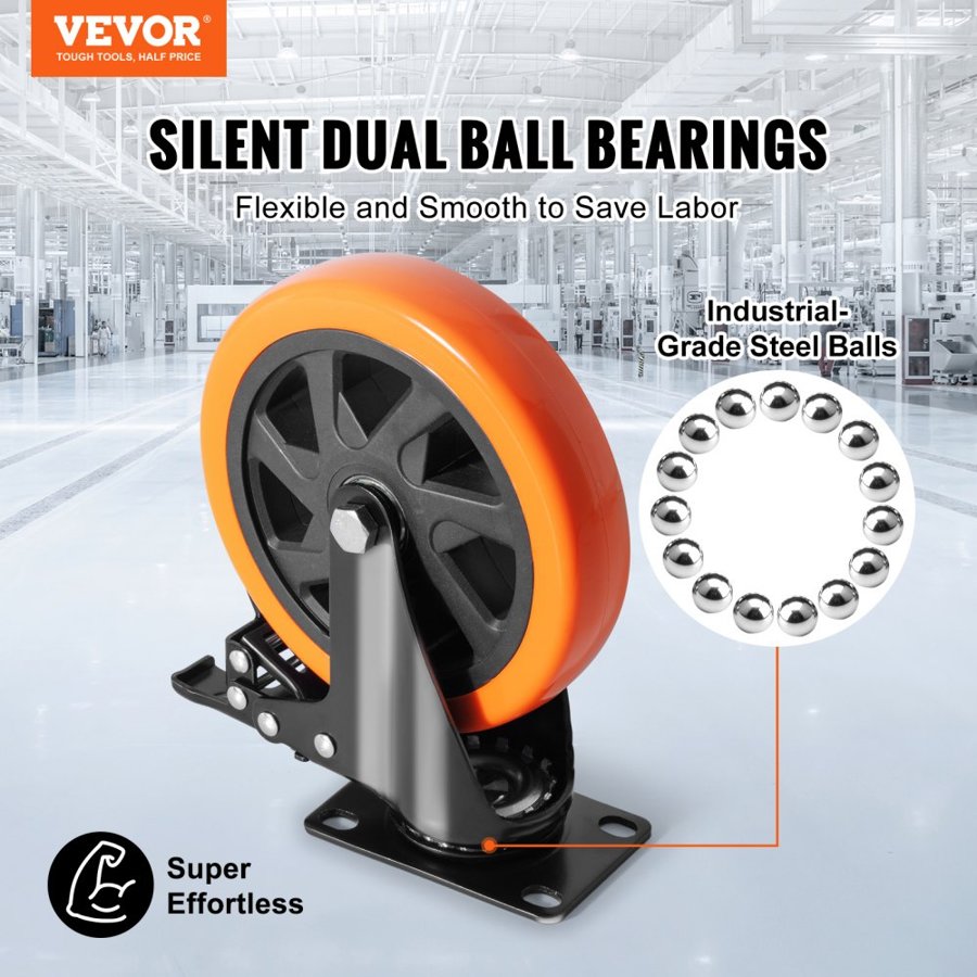 VEVOR Caster Wheels, 15.2 cm Swivel Plate Casters, Set of 4, with Security A/B Locking No Noise PVC Wheels, Heavy Duty 317.5 kg Load Capacity Per Caster, Non-Marking Wheels for Cart Furniture Workbench