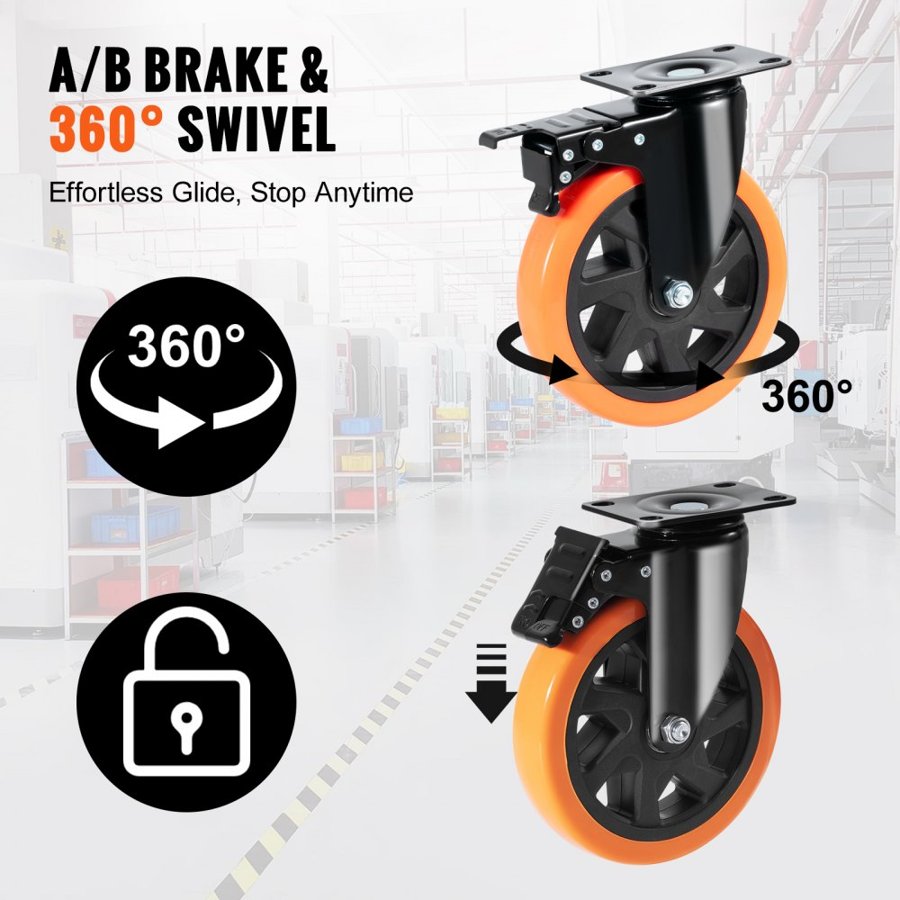 VEVOR Caster Wheels, 15.2 cm Swivel Plate Casters, Set of 4, with Security A/B Locking No Noise PVC Wheels, Heavy Duty 317.5 kg Load Capacity Per Caster, Non-Marking Wheels for Cart Furniture Workbench