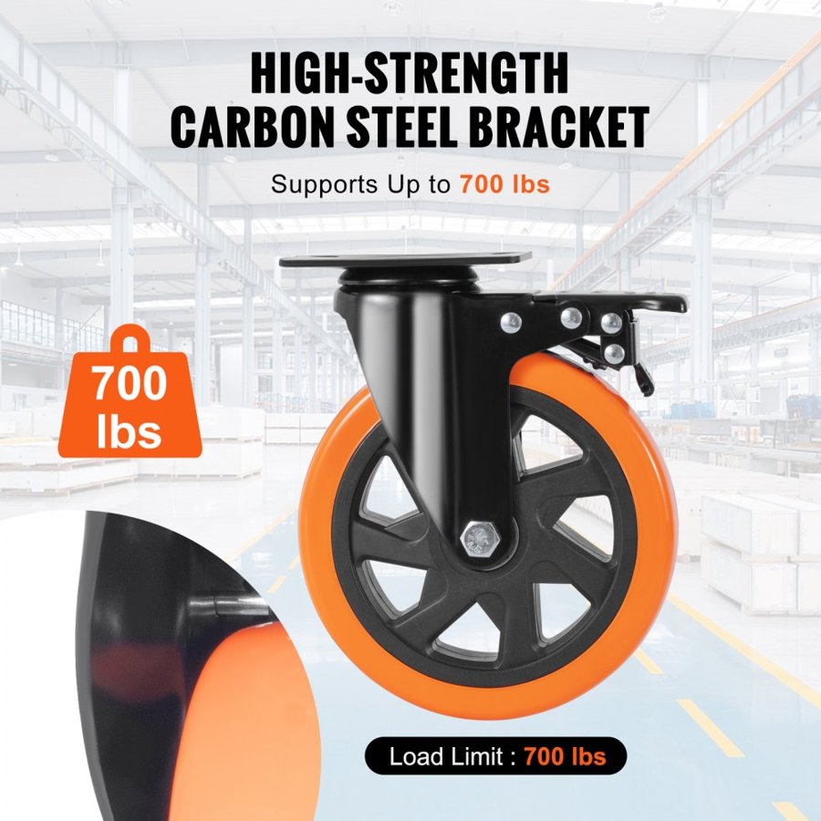 VEVOR Caster Wheels, 15.2 cm Swivel Plate Casters, Set of 4, with Security A/B Locking No Noise PVC Wheels, Heavy Duty 317.5 kg Load Capacity Per Caster, Non-Marking Wheels for Cart Furniture Workbench