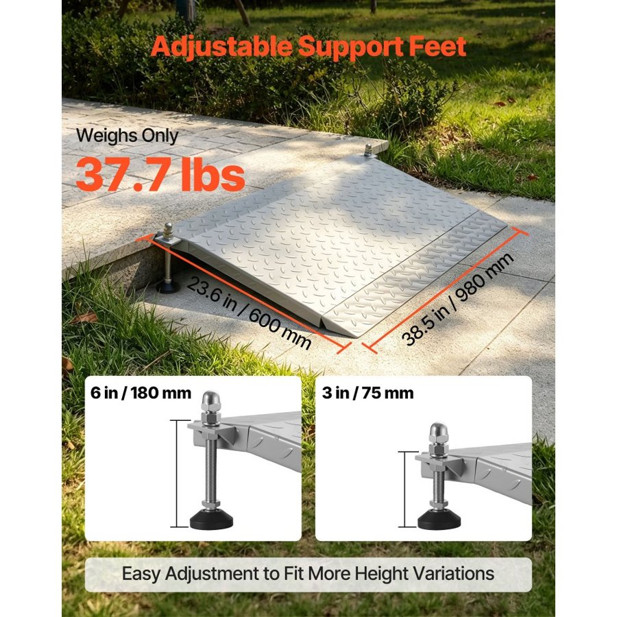 VEVOR Threshold Ramp for Doorways, 1080 x 590 mm, Platform Iron Wheelchair Ramp with Adjustable Height, Non-Slip Door Threshold Ramps, 453.6 kg Load Capacity, for Home Steps, Wheelchairs, Walkers