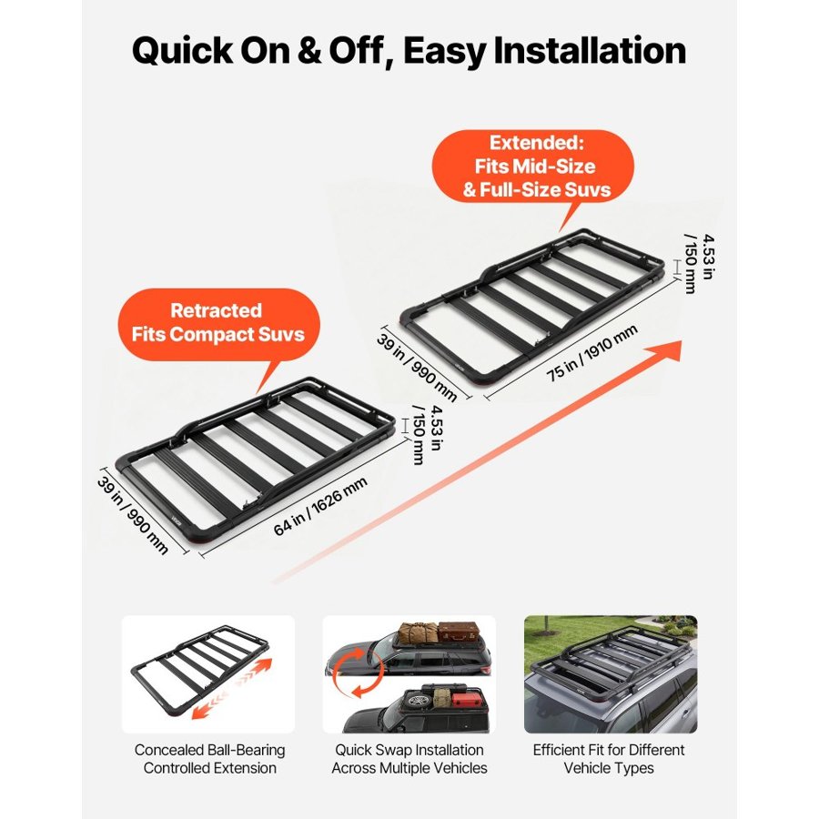 VEVOR Roof Rack Cargo Basket, 1626 x 990 x 115 mm, Heavy Duty Roof Top Carrier Basket with Extension, 90.72 kg Capacity, All-Weather Car Top Luggage Holder, Universal Fit for SUVs Trucks Vehicles Pickups