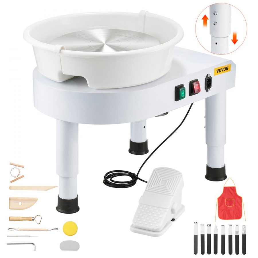 VEVOR Pottery Wheel, 11 in Ceramic Wheel Forming Machine, 60-300 RPM Adjustable Speed with Foot Pedal Control, Detachable Basin, Adjustable Lift Leg, Complete Accessories for Home Pottery, DIY, White