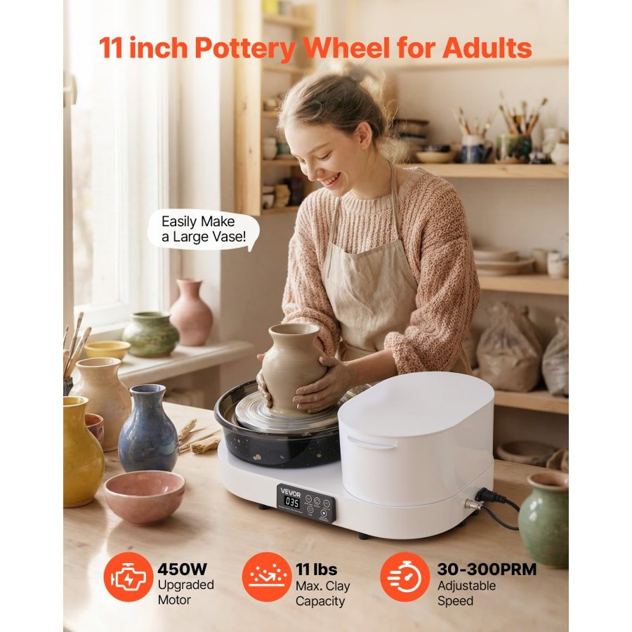 VEVOR Pottery Wheel for Adults, 28 cm Aluminum Turntable, 450W Electric Table Top Pottery Wheel with Foot Pedal, 30-300 RPM Adjustable Speed, Aluminum Body, for Beginners, DIY Clay Art Craft, White