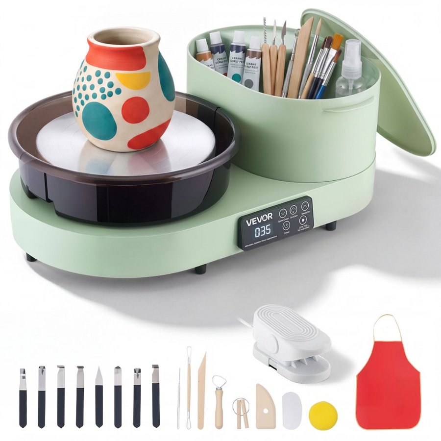 VEVOR Pottery Wheel for Adults, 28 cm Aluminum Turntable, 450W Electric Table Top Pottery Wheel with Foot Pedal, 30-300 RPM Adjustable Speed, Aluminum Body, for Beginners, DIY Clay Art Craft, Green