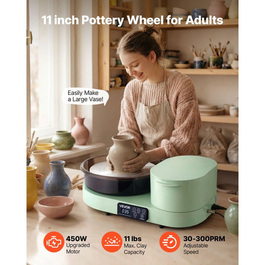 VEVOR Pottery Wheel for Adults, 28 cm Aluminum Turntable, 450W Electric Table Top Pottery Wheel with Foot Pedal, 30-300 RPM Adjustable Speed, Aluminum Body, for Beginners, DIY Clay Art Craft, Green