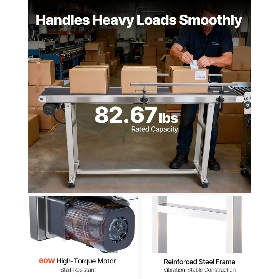 VEVOR Belt Conveyor, 59 x 7.8 inch Conveyor Table, Heavy Duty Stainless Steel Motorized Belt Conveyor for Inkjet Coding Applications Powered PVC Belt Anti-Static Adjustable Speed (Double Guardrail)