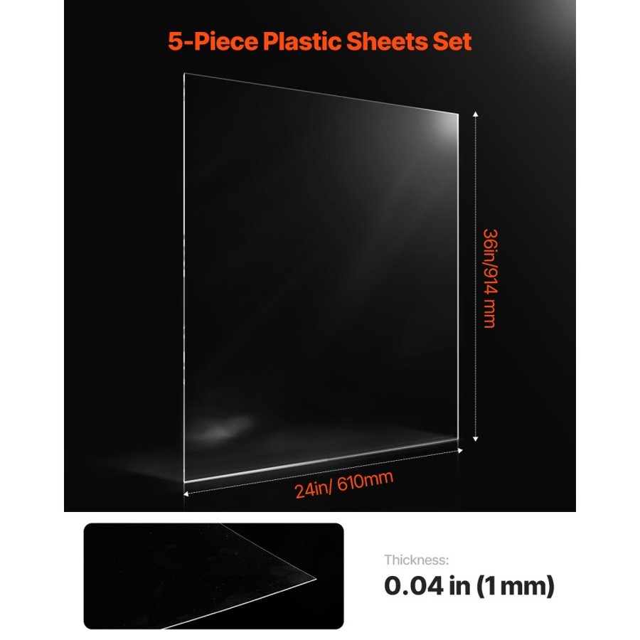 VEVOR PET/Clear Sheets, 5-Pack Plastic Sheet, 24 x 36 Inch 0.04 Inch Thick Transparent Clear Flexible Plastic Panels for Craft, Replacement Picture Frame Glass, DIY Display Project, Easy to Cut