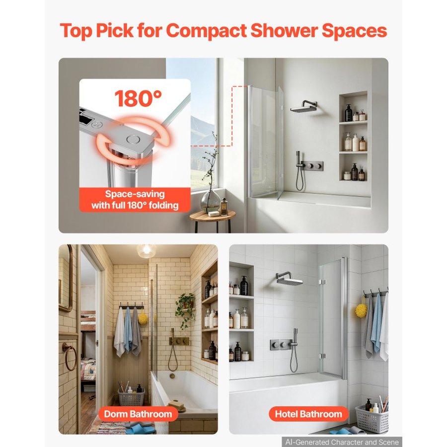 VEVOR Bi Fold Tub Door – 1200 x 1400 mm, 6 mm Tempered Glass