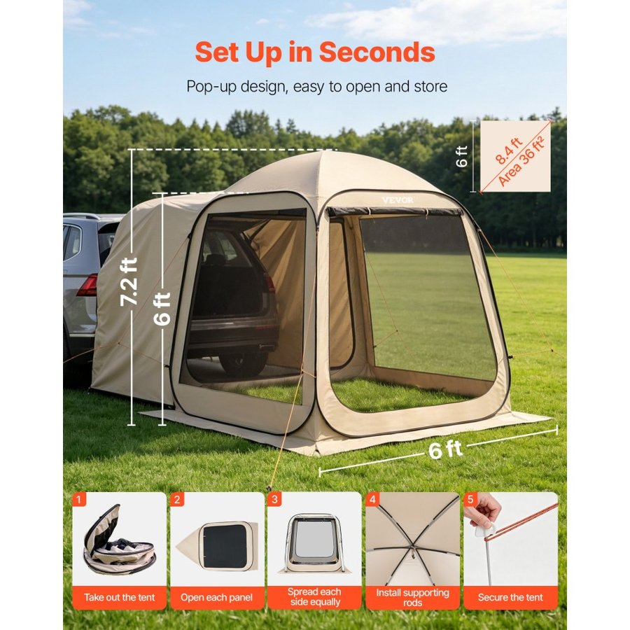 VEVOR SUV Popup Tent – 6 x 6 FT, 4-6 Person, 360°, 300D