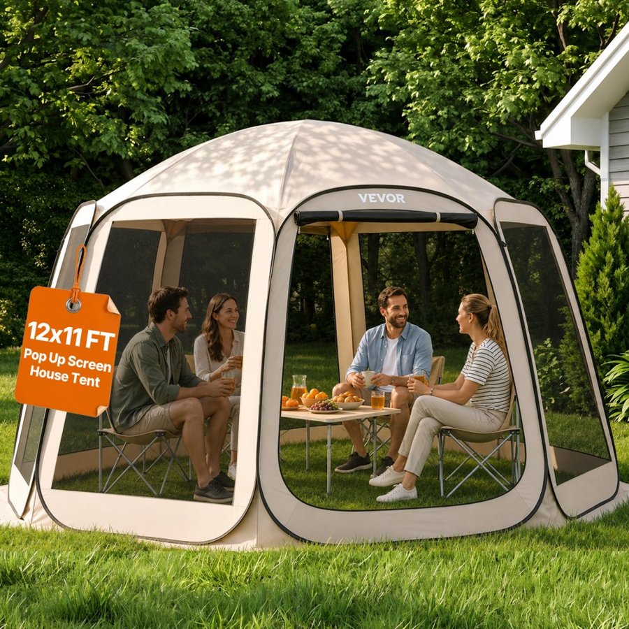 VEVOR Pop Up Screen House Tent – 12' x 11', 12 Person, Beige