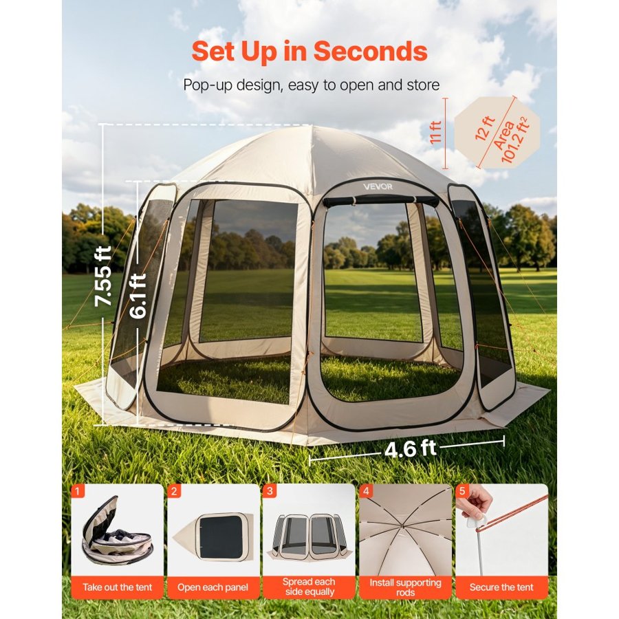 VEVOR Pop Up Screen House Tent – 12' x 11', 12 Person, Beige