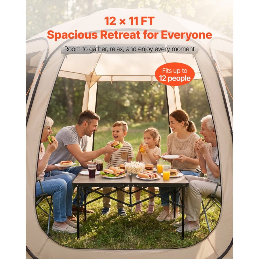 VEVOR Pop Up Screen House Tent – 12' x 11', 12 Person, Beige