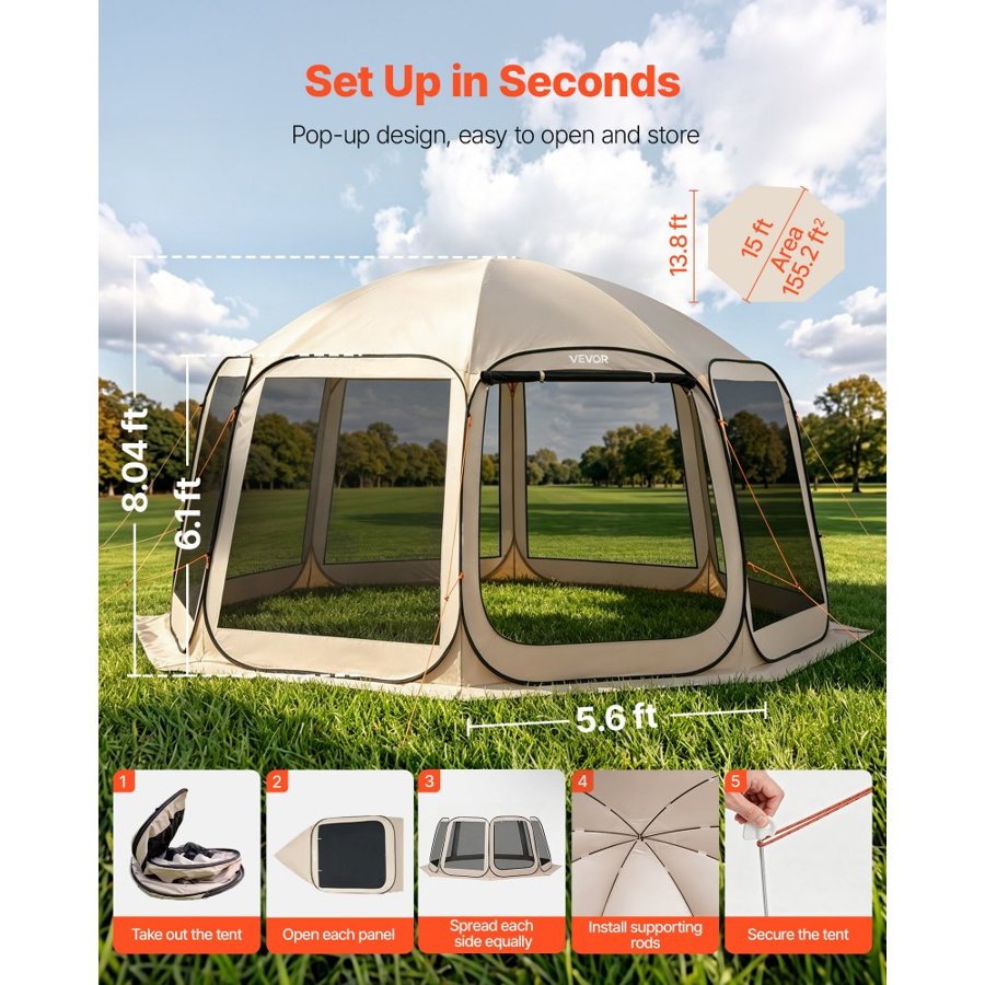 VEVOR Pop-Up Screen Tent for Camping – 15 × 13.8 ft