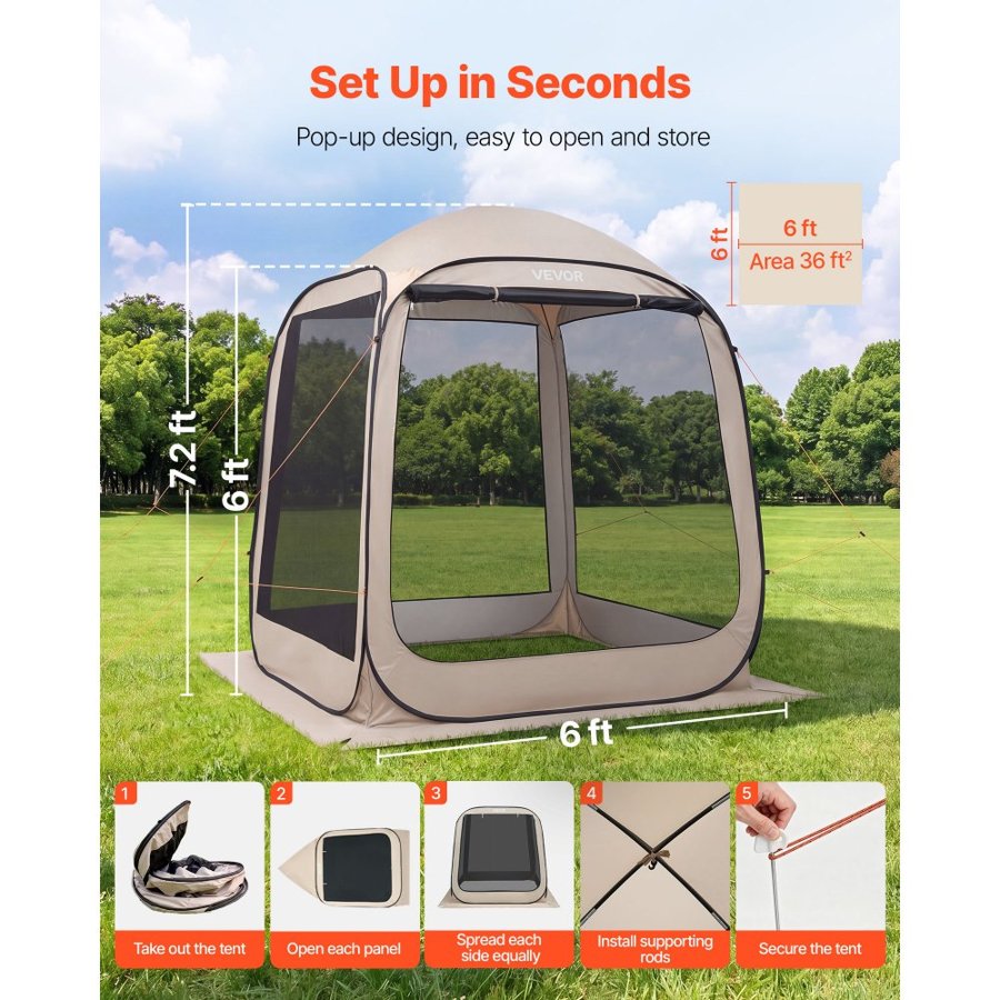 VEVOR Screened In Tent Canopy – 6×6 ft, 4–6 Person