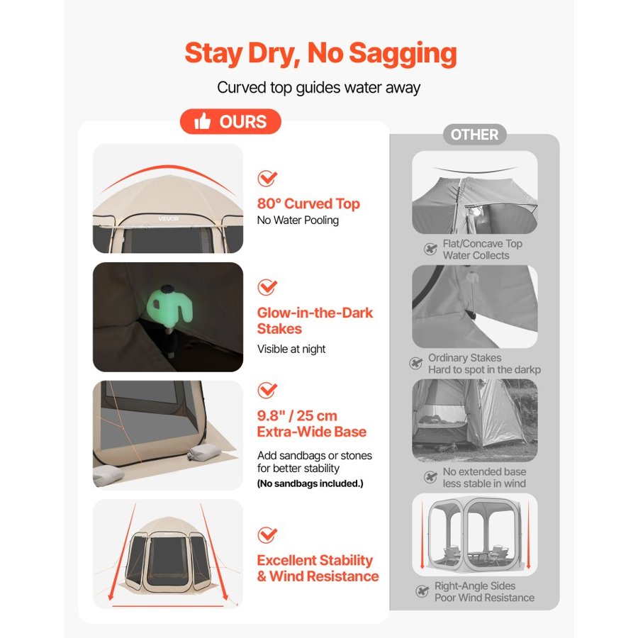 VEVOR Screen Tent Patio - 8 Person, 300D Fabric, 360° Mesh