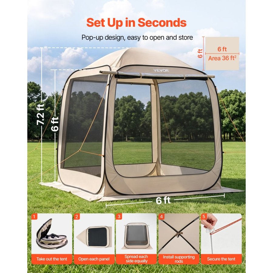 VEVOR Pop Up Canopy With Netting – 6×6 ft Tent,  4-6 People