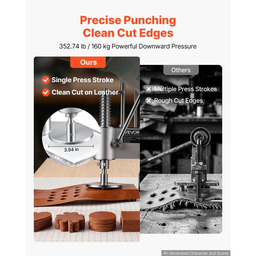 VEVOR Leather Punching Machine 10 x 10 cm Manual Leather Hole Puncher, Hand Punch Press, 160 kg Pressure, 40 mm Stroke, Chuck Fixation, Sturdy Structure, for Fabric, Paper, and Silicone
