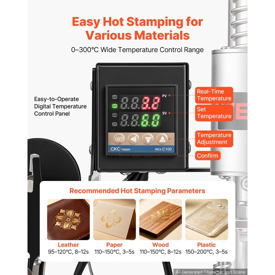 VEVOR Heated Leather Punching Machine 10 x 10 cm Leather Stamp Press, For Hot Stamping and Punching, 160 kg Pressure, 40 mm Stroke, Chuck Fixation, with Digital Temperature Control Panel