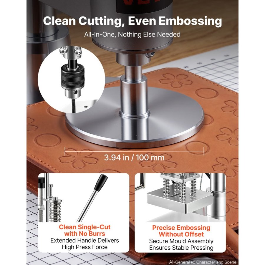 VEVOR Heated Leather Punching Machine 10 x 10 cm Leather Stamp Press, For Hot Stamping and Punching, 160 kg Pressure, 40 mm Stroke, Chuck Fixation, with Digital Temperature Control Panel