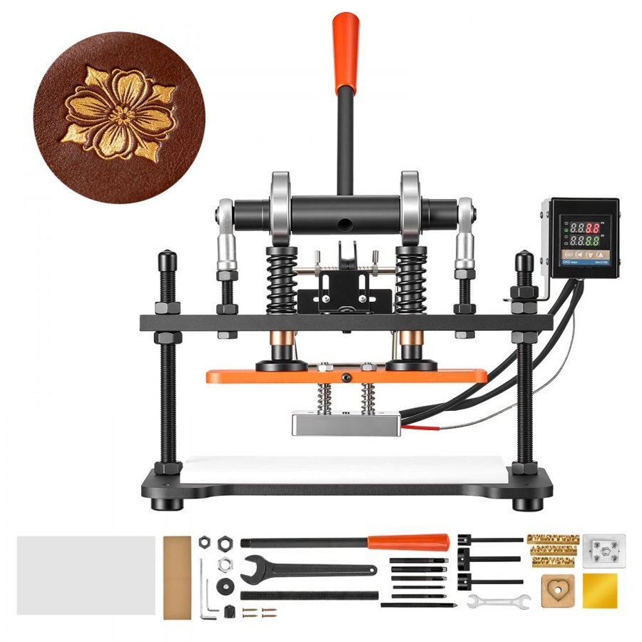 VEVOR Heated Leather Cutting Machine 260 x 120 mm Plate Stamping Machine, For Stamping, Leather Embossing & Die Cutting, 1.5 T Pressure, 12 mm Stroke, Dual Guide Shafts, Digital Control Panel