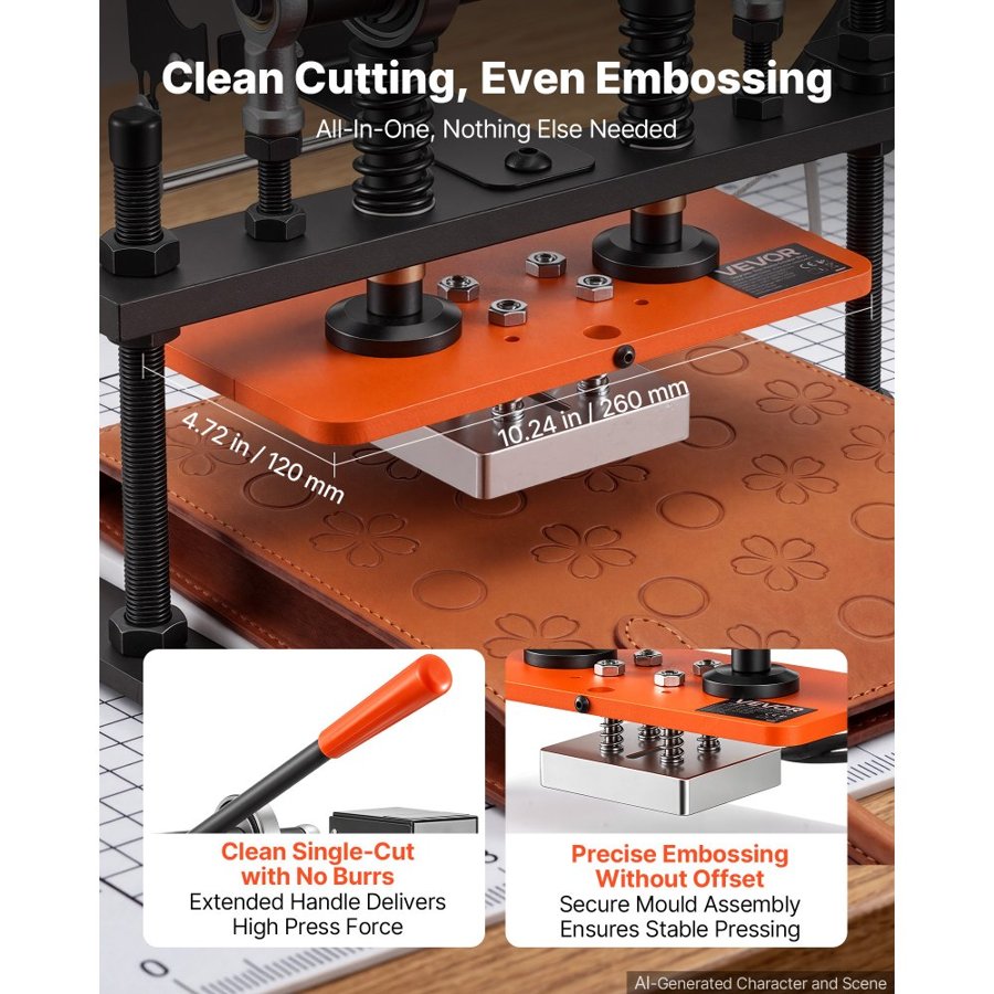VEVOR Heated Leather Cutting Machine 260 x 120 mm Plate Stamping Machine, For Stamping, Leather Embossing & Die Cutting, 1.5 T Pressure, 12 mm Stroke, Dual Guide Shafts, Digital Control Panel