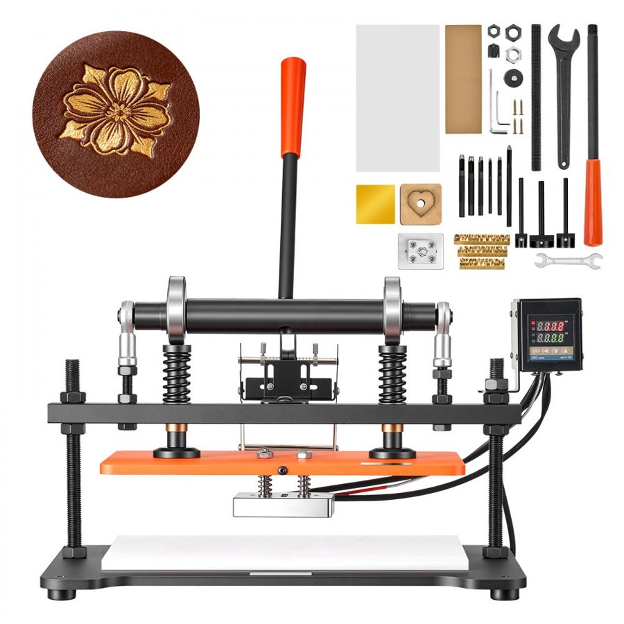 VEVOR Heated Leather Cutting Machine 360 x 260 mm Plate Stamping Machine, For Stamping, Leather Embossing & Die Cutting, 1.5 T Pressure, 12 mm Stroke, Dual Guide Shafts, Digital Control Panel