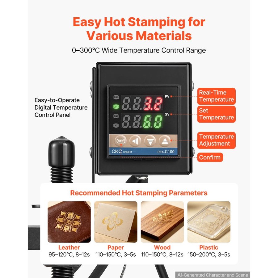 VEVOR Heated Leather Cutting Machine 360 x 260 mm Plate Stamping Machine, For Stamping, Leather Embossing & Die Cutting, 1.5 T Pressure, 12 mm Stroke, Dual Guide Shafts, Digital Control Panel