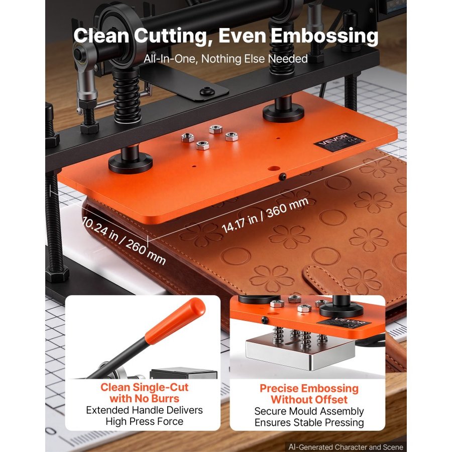 VEVOR Heated Leather Cutting Machine 360 x 260 mm Plate Stamping Machine, For Stamping, Leather Embossing & Die Cutting, 1.5 T Pressure, 12 mm Stroke, Dual Guide Shafts, Digital Control Panel