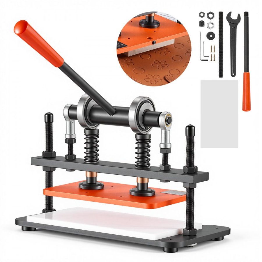 VEVOR Leather Cutting Machine 260 x 150 mm Embossing Plate Die Cutter, Hand Press Leather Embossing & Die Cutting, 1.5 T Pressure, 12 mm Stroke, Dual Guide Shafts, for Fabric, Paper, Silicone