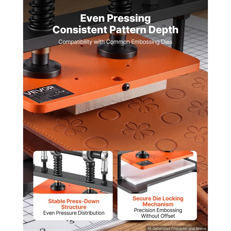 VEVOR Leather Cutting Machine 260 x 150 mm Embossing Plate Die Cutter, Hand Press Leather Embossing & Die Cutting, 1.5 T Pressure, 12 mm Stroke, Dual Guide Shafts, for Fabric, Paper, Silicone