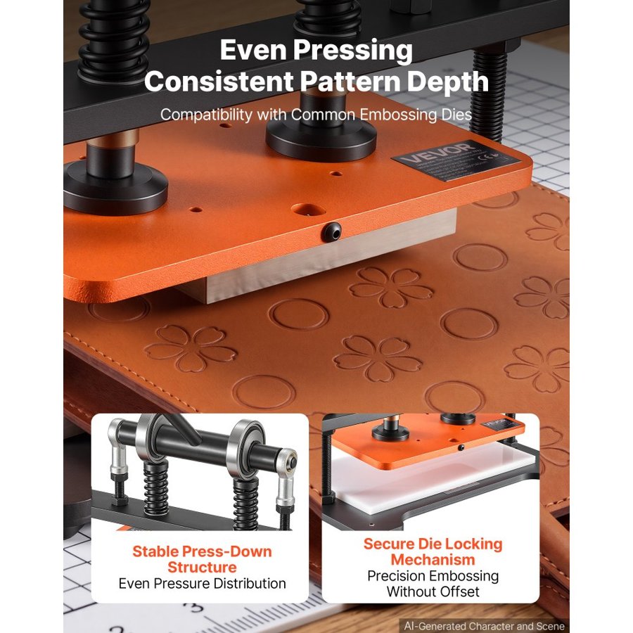 VEVOR Leather Cutting Machine 280 x 140 mm Embossing Plate Die Cutter, Hand Press Leather Embossing & Die Cutting, 1.5 T Pressure, 12 mm Stroke, Dual Guide Shafts, for Fabric, Paper, Silicone