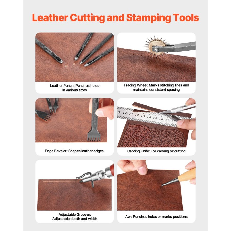 VEVOR Leather Working Tools Kit, 38 PCS Leather Craft Tools with Portable Canvas Storage Bag, Engraving Punching Sewing Stamping Cutting Tools, Ideal for Beginners DIY Enthusiasts and Professionals