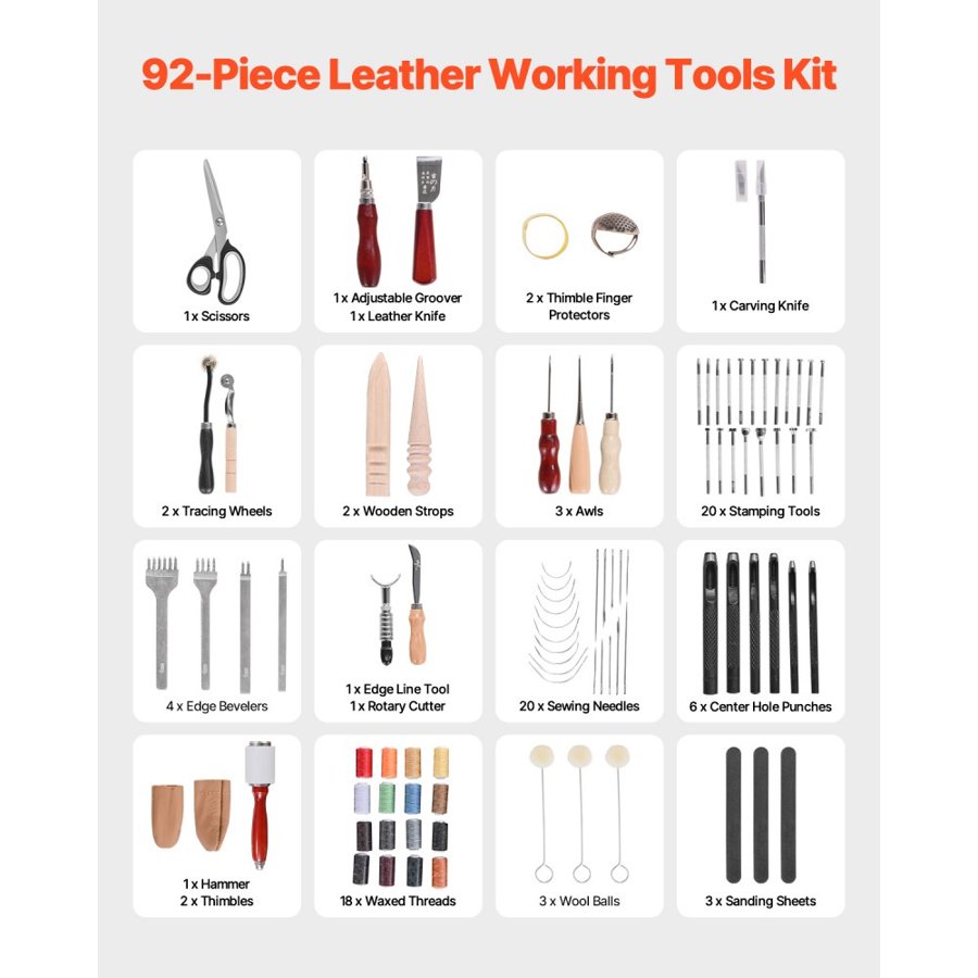 VEVOR Leather Working Tools Kit, 92 PCS Leather Craft Tools with Portable Leather Storage Bag, Engraving Punching Sewing Stamping Sanding Tools, Ideal for Beginners DIY Enthusiasts and Professionals