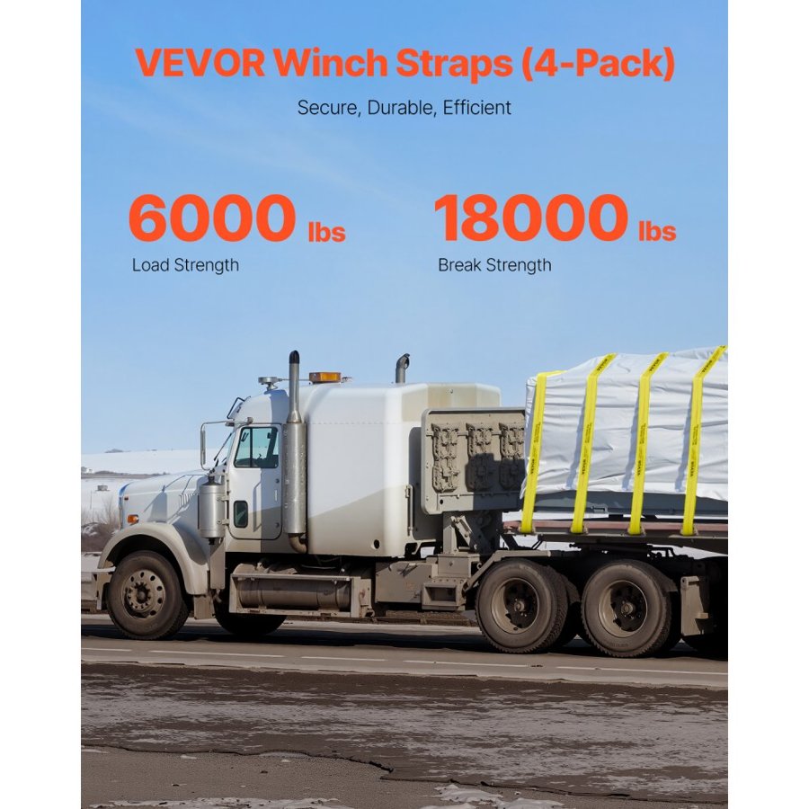 VEVOR Winch Straps, 10.2 cm x 9.1 m, 2722 kg Load Capacity, 8165 kg Break Strength, Truck Straps with Flat Hook, Flatbed Tie Downs Cargo Control for Trailers, Farms, Rescues, Tree Saver, Yellow (4 Pack)