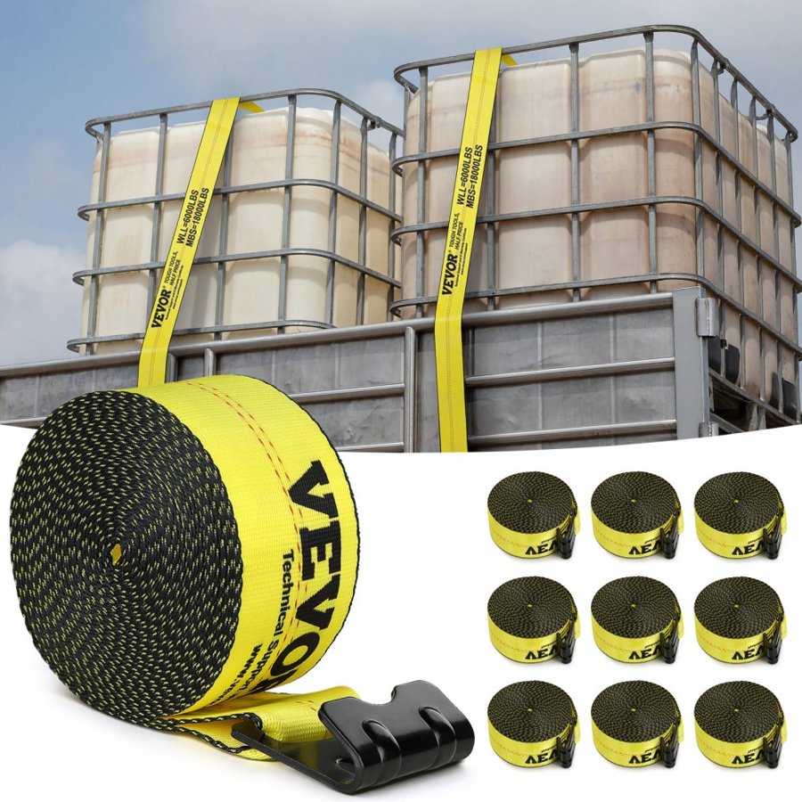 VEVOR vinčas siksnas, 10,2 cm x 9,1 m, 2722 kg nestspēja, 8165 kg pārrāvuma izturība, kravas auto glābšanai, koku aizsargs, dzeltenas (10 gab. iepakojums)