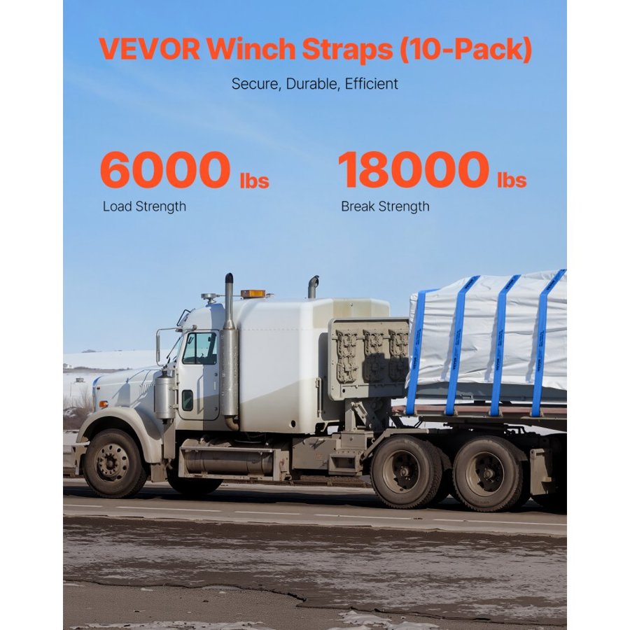 VEVOR Winch Straps, 10.2 cm x 9.1 m, 2722 kg Load Capacity, 8165 kg Breaking Strength, Truck Straps with Flat Hook, Flatbed Tie Downs Cargo Control for Trailers, Farms, Rescues, Tree Saver, Blue (10 Pack)