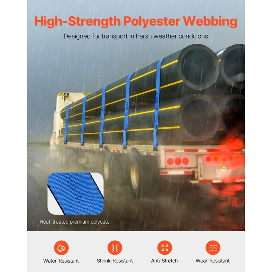 VEVOR Winch Straps, 10.2 cm x 9.1 m, 2722 kg Load Capacity, 8165 kg Breaking Strength, Truck Straps with Flat Hook, Flatbed Tie Downs Cargo Control for Trailers, Farms, Rescues, Tree Saver, Blue (10 Pack)