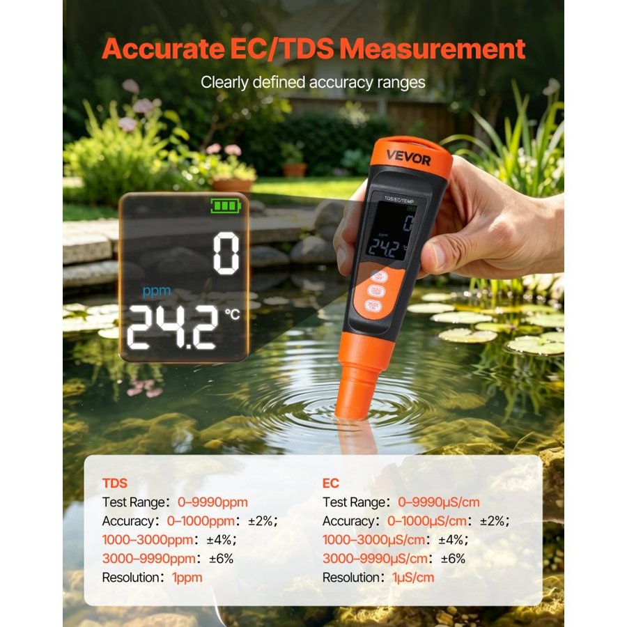 VEVOR Water TDS Meter – A6, 0-9990 ppm, EC/TDS, ATC