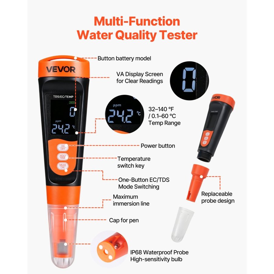 VEVOR Water TDS Meter – A6, 0-9990 ppm, EC/TDS, ATC