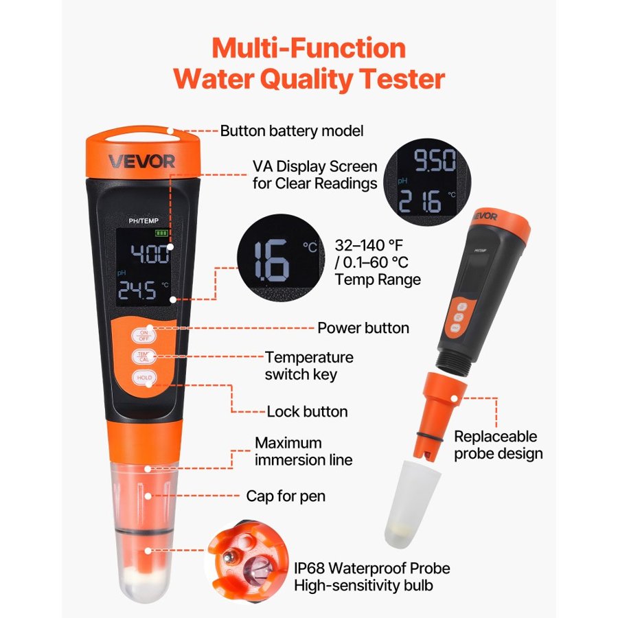 VEVOR pH Meter for Water Testing – PH06, IP68, 0–14 Range