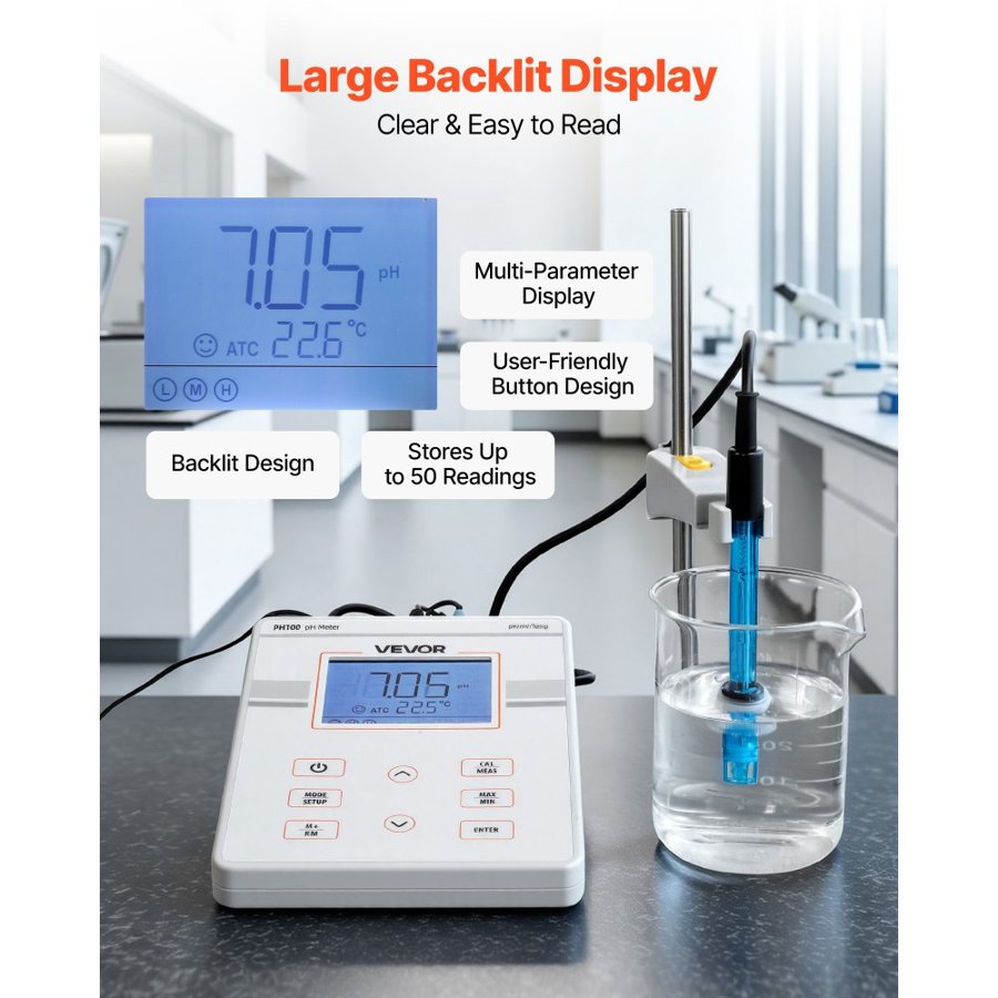 VEVOR Benchtop pH Meter – 0-14 Range, 0.01 Resolution