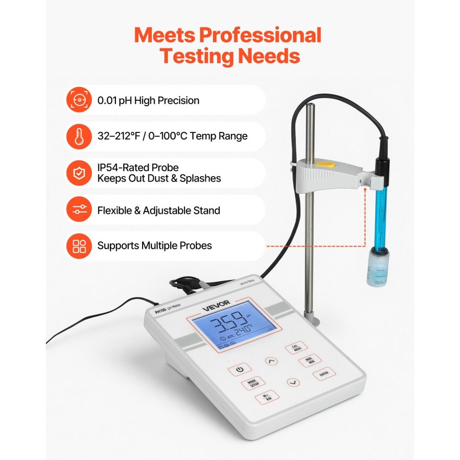VEVOR Benchtop pH Meter – 0-14 Range, 0.01 Resolution