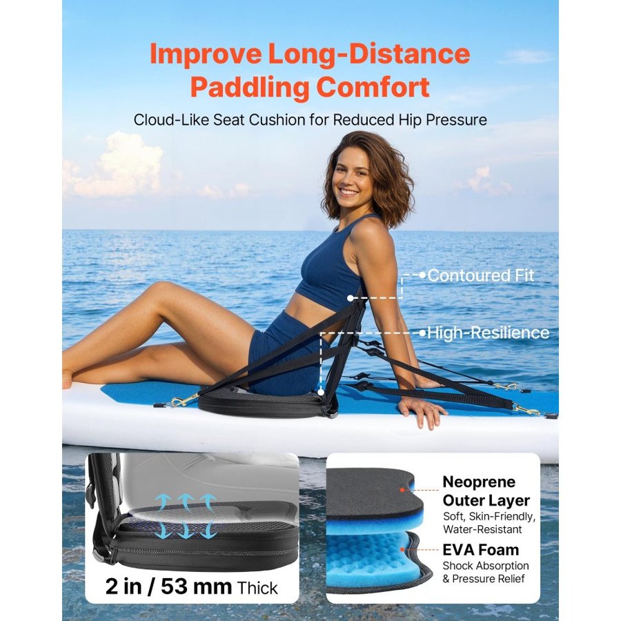 VEVOR Kayak Seat, 2 Pack 53 mm Thick, Universal Paddle Board Seat with Back Support, Sit-on-Top Soft Padded Cushion with Storage Bag & Adjustable Straps for SUP, Canoe, Fishing Boat, Inflatable Kayak