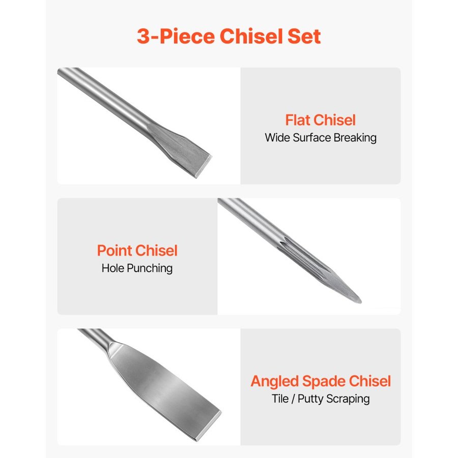 VEVOR SDS Plus Chisel Set – 3 Pcs, 40Cr Steel, Point/Flat