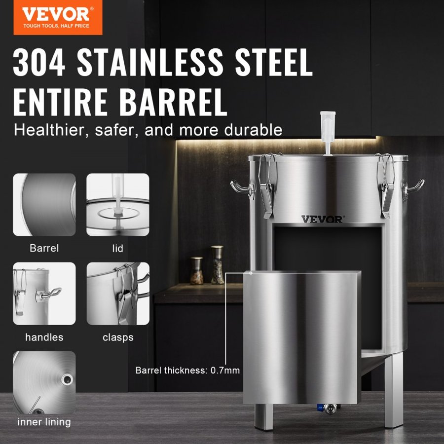VEVOR 304 Stainless Steel Kettle, 60 L Beer Brew Fermentor, Brew Bucket Fermentor for Brewing, Home Brewing Supplies with Base, Kettle Stock Pot Includes Lid, Handle, Valve, Spigot, Thermometer