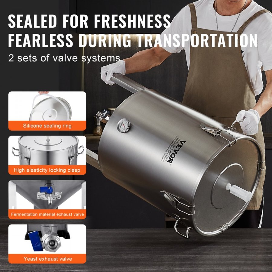VEVOR 304 Stainless Steel Kettle, 60 L Beer Brew Fermentor, Brew Bucket Fermentor for Brewing, Home Brewing Supplies with Base, Kettle Stock Pot Includes Lid, Handle, Valve, Spigot, Thermometer