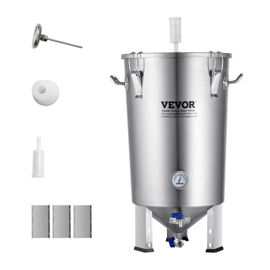VEVOR 304 Stainless Steel Kettle, 30L Beer Brew Fermentor, Brew Bucket Fermentor for Brewing, Home Brewing Supplies with Base, Kettle Stock Pot Includes Lid, Handle, Valve, Spigot, Thermometer