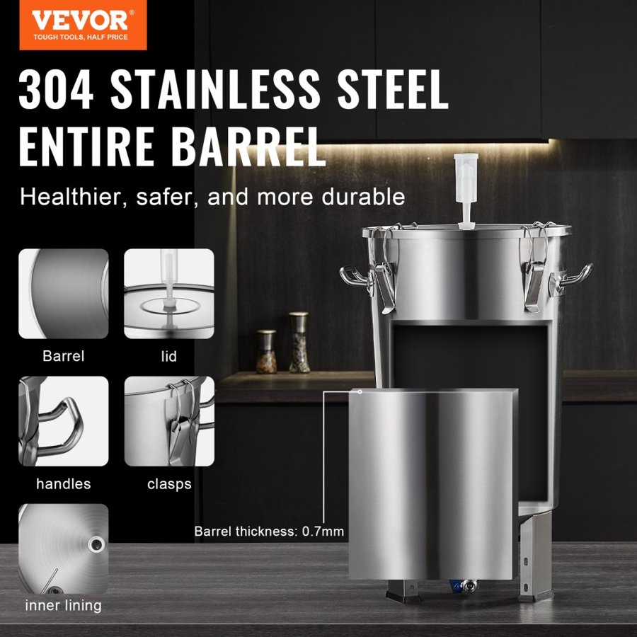 VEVOR 304 Stainless Steel Kettle, 30L Beer Brew Fermentor, Brew Bucket Fermentor for Brewing, Home Brewing Supplies with Base, Kettle Stock Pot Includes Lid, Handle, Valve, Spigot, Thermometer