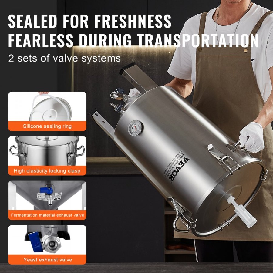 VEVOR 304 Stainless Steel Kettle, 30L Beer Brew Fermentor, Brew Bucket Fermentor for Brewing, Home Brewing Supplies with Base, Kettle Stock Pot Includes Lid, Handle, Valve, Spigot, Thermometer