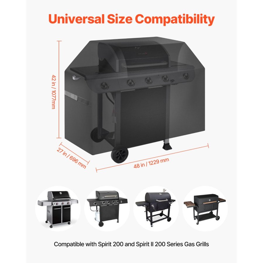 VEVOR Grill Cover, 48 inch BBQ Covers for Outdoor Grills, Waterproof, Fade Resistant, Weather Resistant Heavy Duty 600D Polyester, Easy On/Off, with Hook-and-Loop Straps, Black